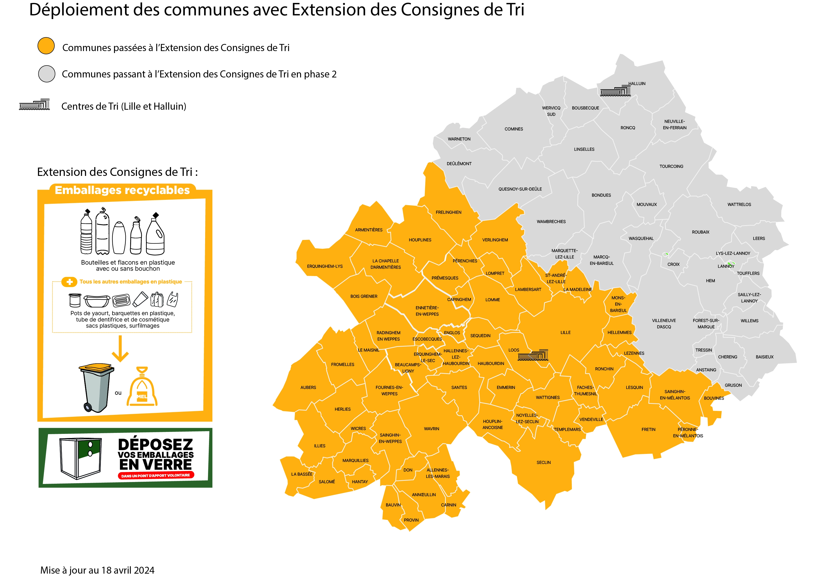 Toutes les communes de la MEL concernées par l'extension des consignes de tri. ©MEL